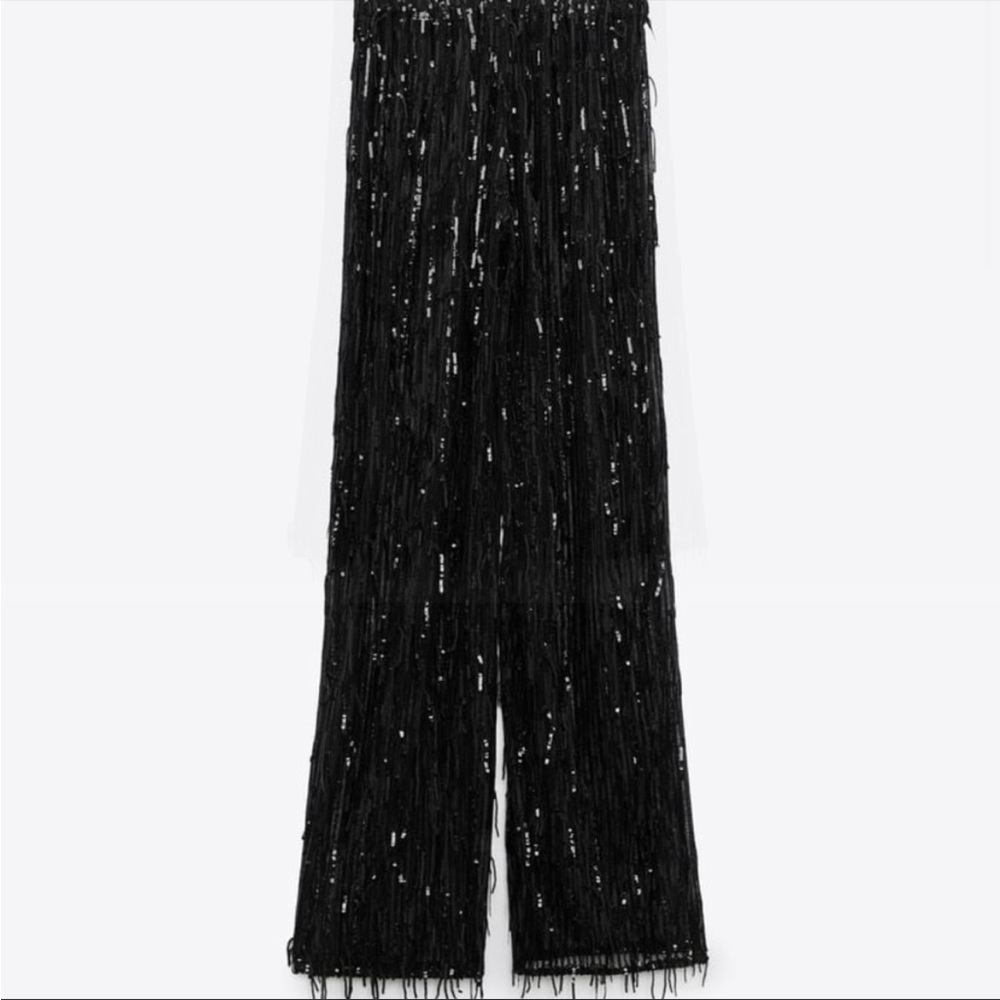 Zara SEQUIN FRINGED STRAIGHT LEG PANTS